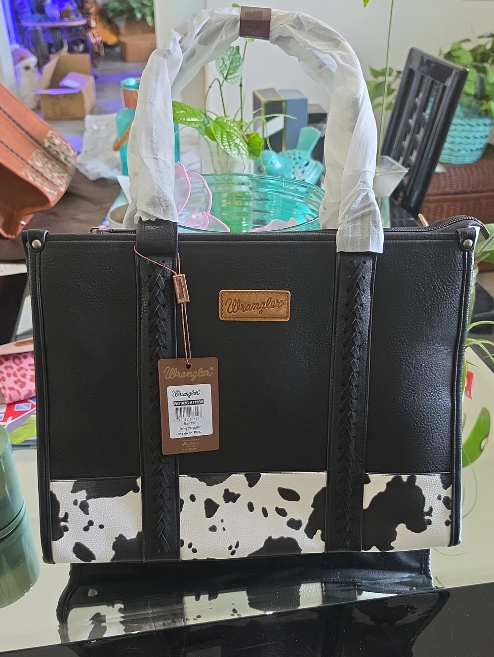 Wrangler Black and White Cow-Print Laptop Tote